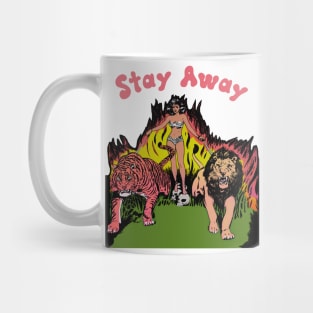 Stay Away Retro Lion Tiger and Human Woman Fighting Off Creeps Fire Cats Mug